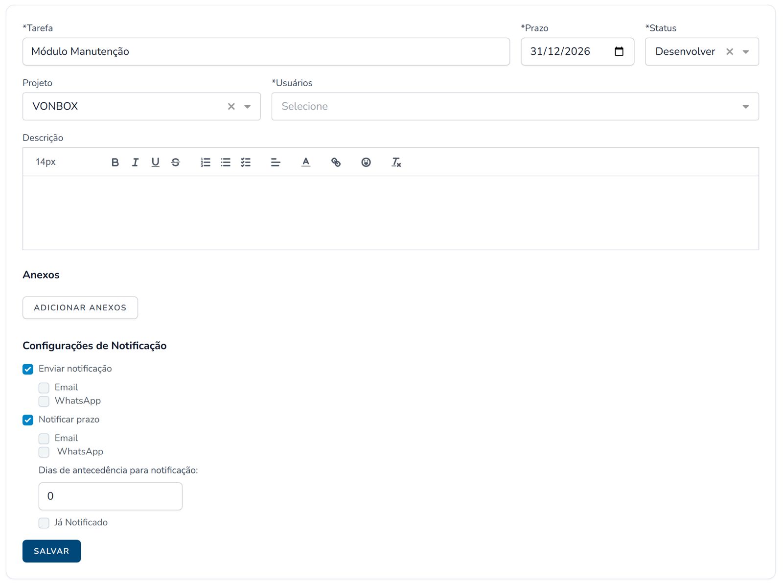 Tela de status do workflow na VonBox